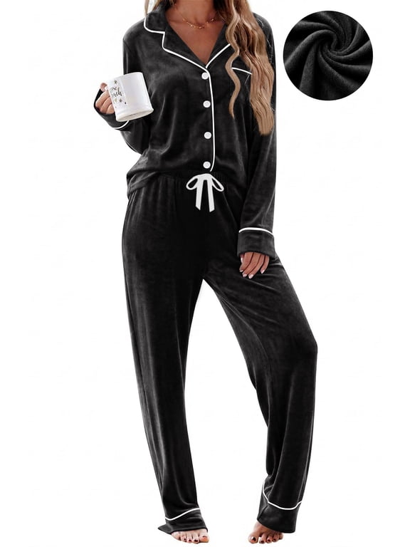 Velvet Pajama Sets for Women Winter Long Sleeve Button Down Top and Drawstring Pant Ladies Casual Sleepwear