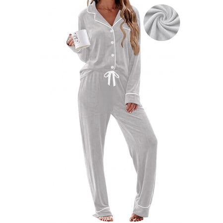 UVN Velvet Pajama Sets for Women Winter Long Sleeve Button Down Top and Drawstring Pant Ladies Casual Sleepwear