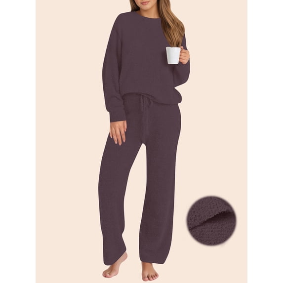 UVN Winter Pajama for Women Sweater Set Ladies Crewneck Tops and Long Pants Warm 2 Piece Loungewear