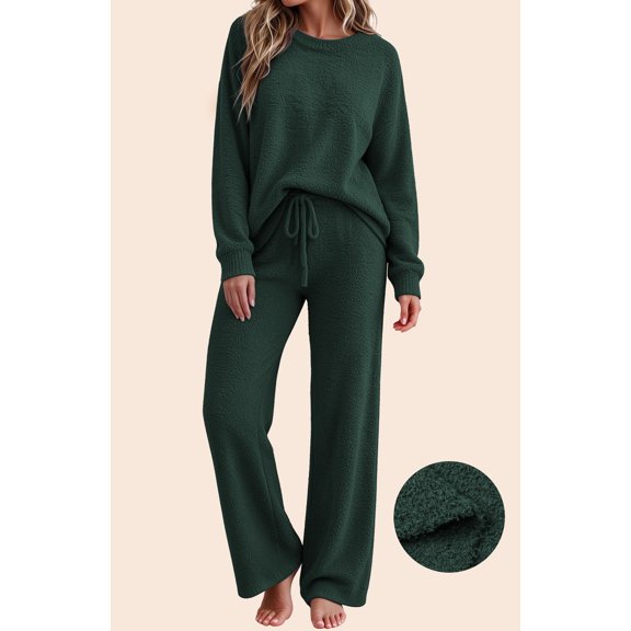 UVN Winter Pajama for Women Sweater Set Ladies Crewneck Tops and Long Pants Warm 2 Piece Loungewear