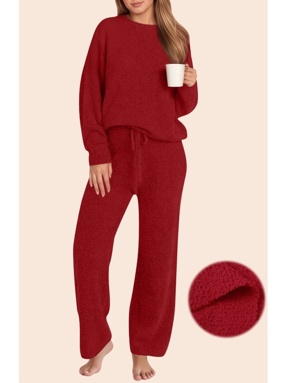 Winter Pajama for Women Sweater Set Ladies Crewneck Tops and Long Pants Warm 2 Piece Loungewear