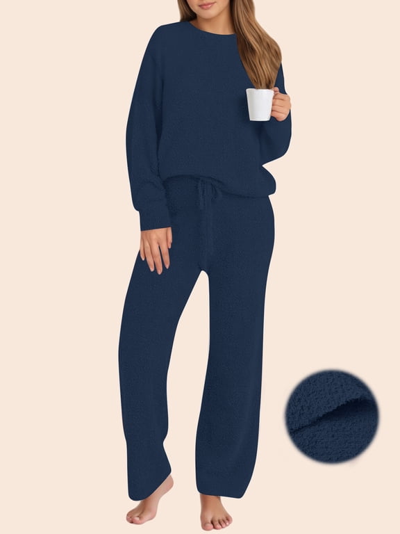 Winter Pajama for Women Sweater Set Ladies Crewneck Tops and Long Pants Warm 2 Piece Loungewear