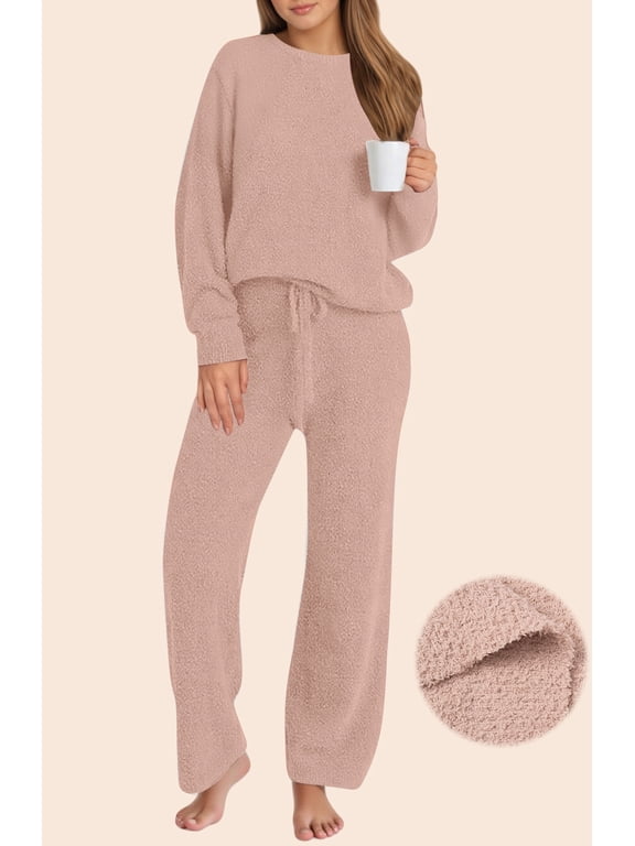 Winter Pajama for Women Sweater Set Ladies Crewneck Tops and Long Pants Warm 2 Piece Loungewear