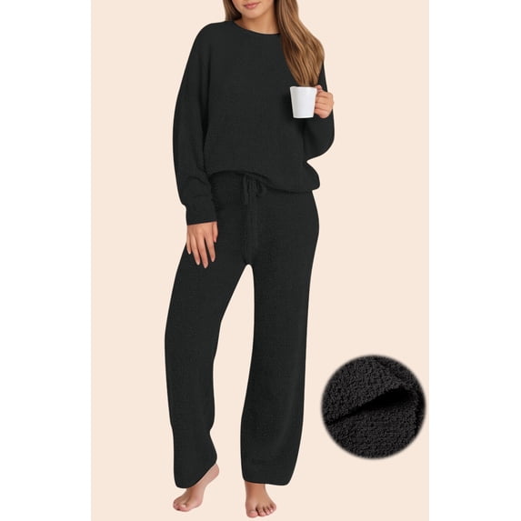 UVN Winter Pajama for Women Sweater Set Ladies Crewneck Tops and Long Pants Warm 2 Piece Loungewear