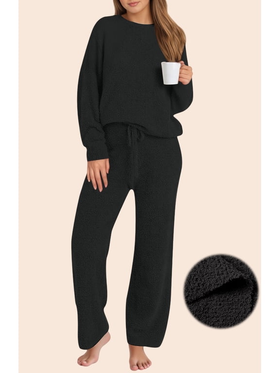 Winter Pajama for Women Sweater Set Ladies Crewneck Tops and Long Pants Warm 2 Piece Loungewear