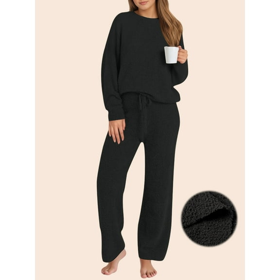 UVN Winter Pajama for Women Sweater Set Ladies Crewneck Tops and Long Pants Warm 2 Piece Loungewear