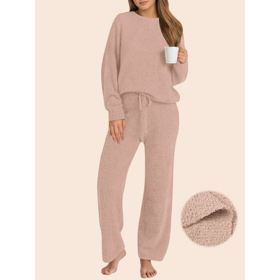 UVN Winter Pajama for Women Sweater Set Ladies Crewneck Tops and Long Pants Warm 2 Piece Loungewear