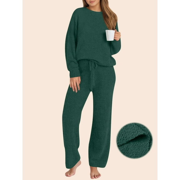 UVN Winter Pajama for Women Sweater Set Ladies Crewneck Tops and Long Pants Warm 2 Piece Loungewear
