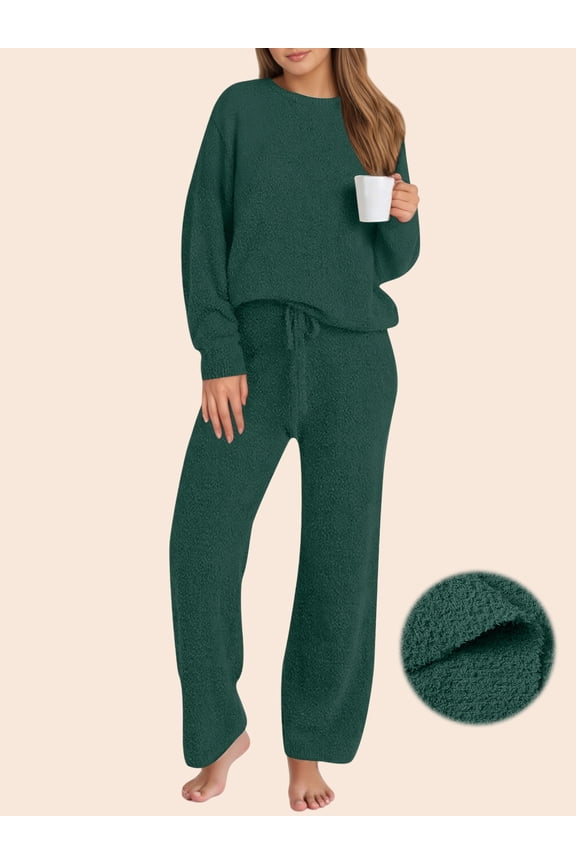 Winter Pajama for Women Sweater Set Ladies Crewneck Tops and Long Pants Warm 2 Piece Loungewear