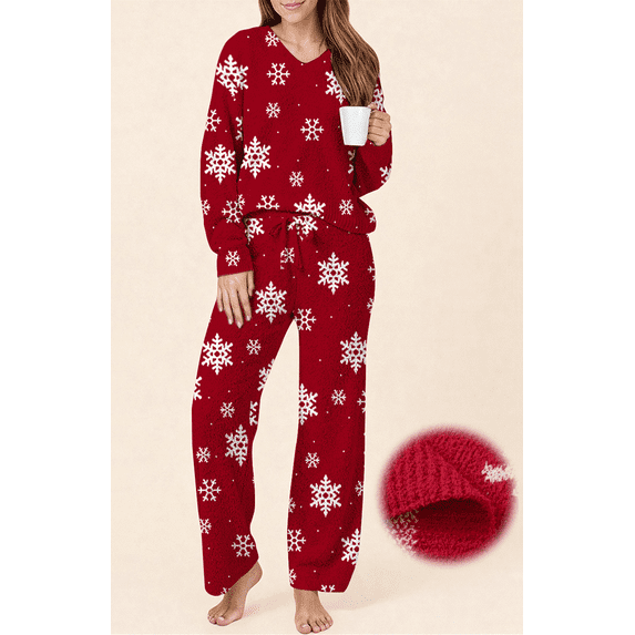 UVN Winter Pajama for Women Sweater Set Ladies V neck Tops and Long Pants Warm 2 Piece Loungewear