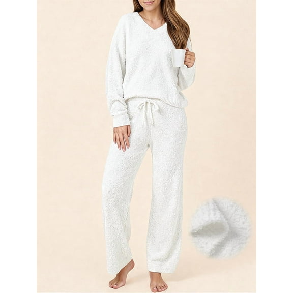 UVN Winter Pajama for Women Sweater Set Ladies V neck Tops and Long Pants Warm 2 Piece Loungewear