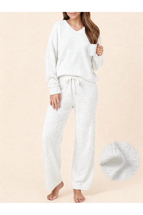 Winter Pajama for Women Sweater Set Ladies V neck Tops and Long Pants Warm 2 Piece Loungewear
