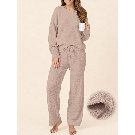 UVN Winter Pajama for Women Sweater Set Ladies V neck Tops and Long Pants Warm 2 Piece Loungewear