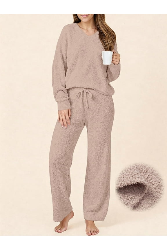 Winter Pajama for Women Sweater Set Ladies V neck Tops and Long Pants Warm 2 Piece Loungewear