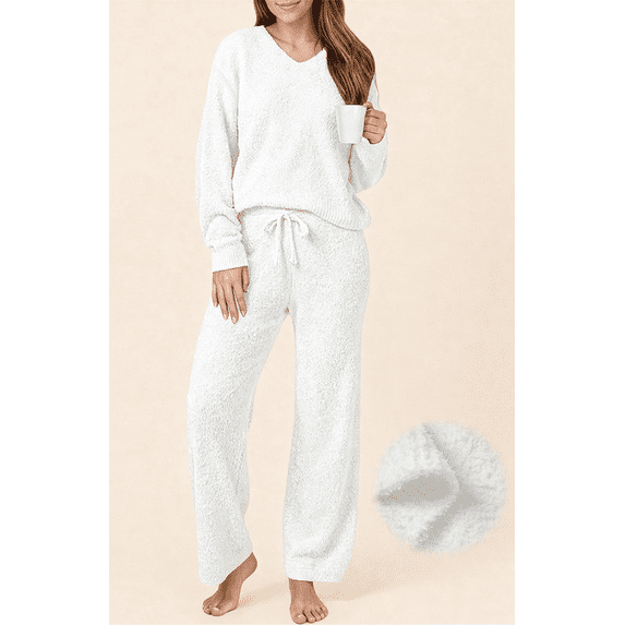 UVN Winter Pajama for Women Sweater Set Ladies V neck Tops and Long Pants Warm 2 Piece Loungewear