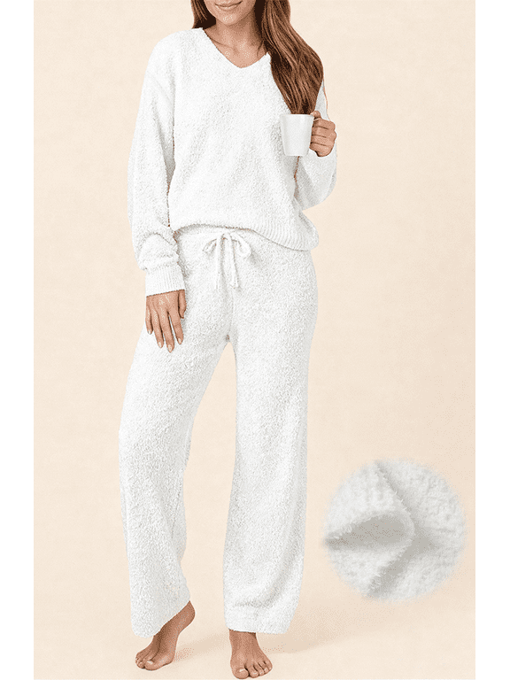 Winter Pajama for Women Sweater Set Ladies V neck Tops and Long Pants Warm 2 Piece Loungewear
