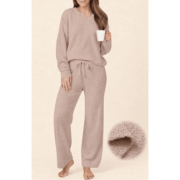 UVN Winter Pajama for Women Sweater Set Ladies V neck Tops and Long Pants Warm 2 Piece Loungewear