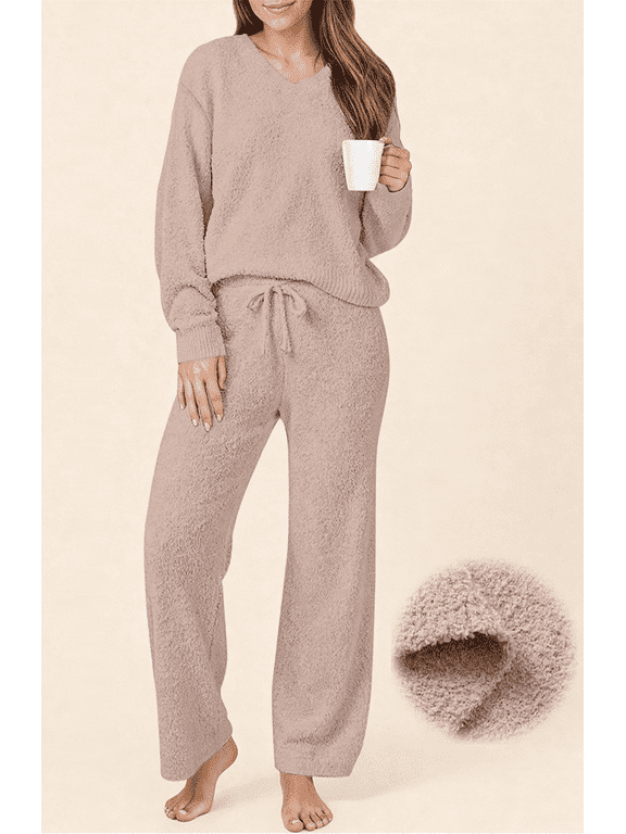 Winter Pajama for Women Sweater Set Ladies V neck Tops and Long Pants Warm 2 Piece Loungewear