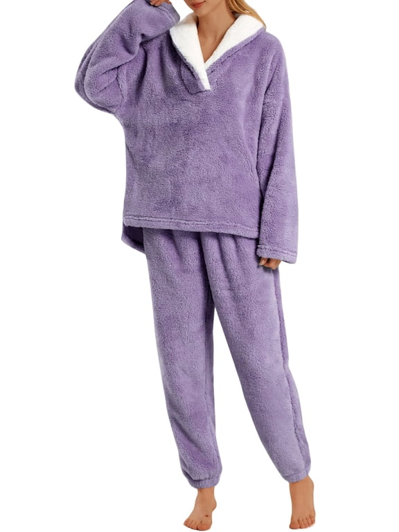 Winter Pajamas for Women Fuzzy Loungewear Sets Ladies Fleece Long Sleeve Tops and Long Pants 2 Piece Sleepwear