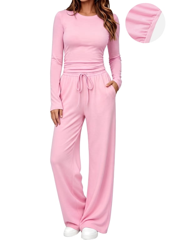 Winter Womens 2 Piece Outfit Sets Ruched Long Sleeve Top and Wide Leg Pants Casual Loungewear Ladies Workout Sets