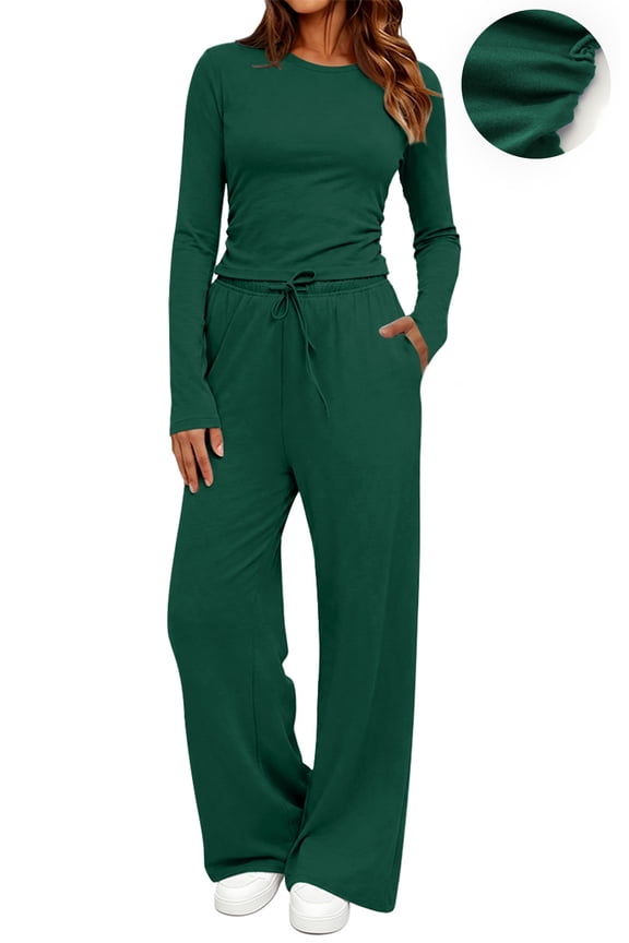 Winter Womens 2 Piece Outfit Sets Ruched Long Sleeve Top and Wide Leg Pants Casual Loungewear Ladies Workout Sets