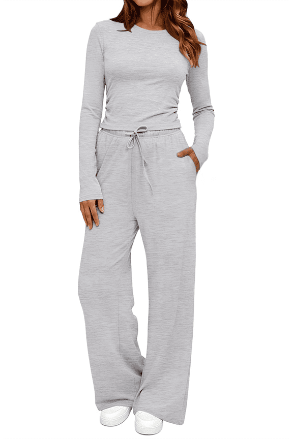 Winter Womens 2 Piece Outfit Sets Ruched Long Sleeve Top and Wide Leg Pants with Pockets Casual Loungewear for Women Workout Sets