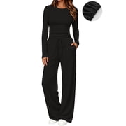 Winter Womens 2 Piece Outfit Sets Ruched Long Sleeve Top and Wide Leg Pants Casual Loungewear Ladies Workout Sets