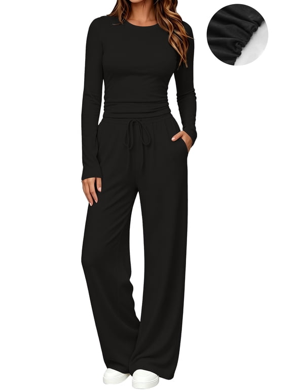 Winter Womens 2 Piece Outfit Sets Ruched Long Sleeve Top and Wide Leg Pants Casual Loungewear Ladies Workout Sets