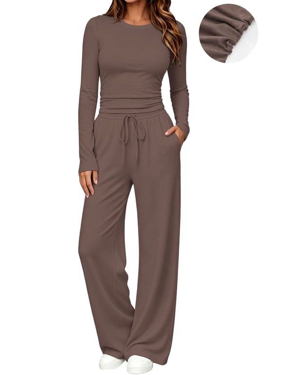 Winter Womens 2 Piece Outfit Sets Ruched Long Sleeve Top and Wide Leg Pants Casual Loungewear Ladies Workout Sets
