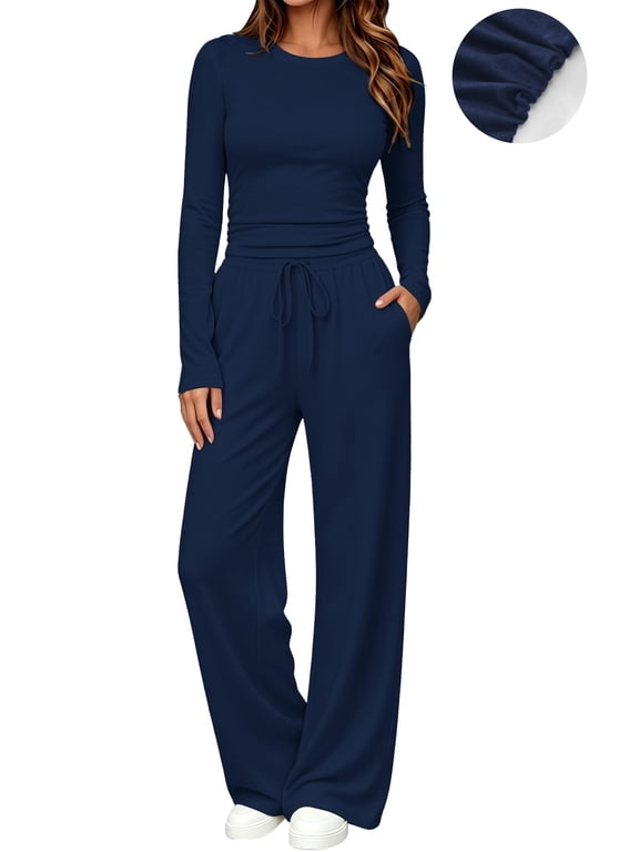 Winter Womens 2 Piece Outfit Sets Ruched Long Sleeve Top and Wide Leg Pants Casual Loungewear Ladies Workout Sets