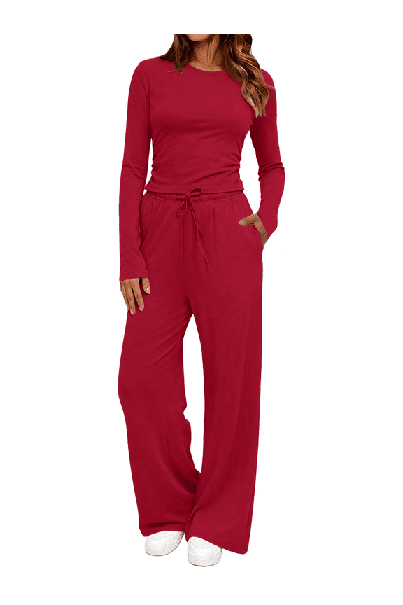 Winter Womens 2 Piece Outfit Sets Ruched Long Sleeve Top and Wide Leg Pants with Pockets Casual Loungewear for Women Workout Sets