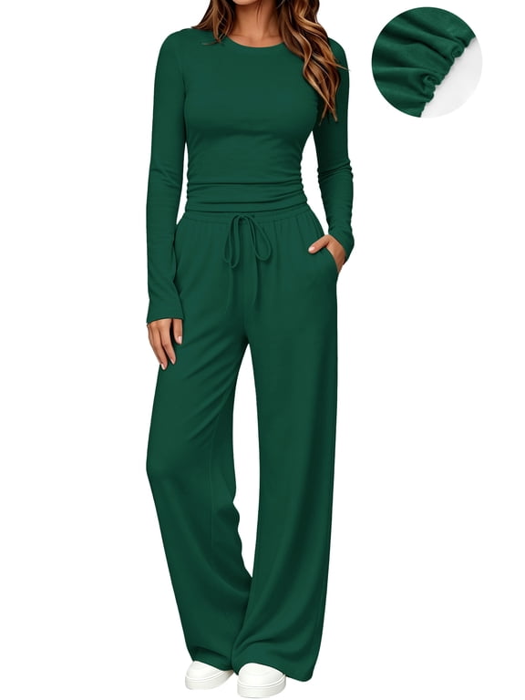 Winter Womens 2 Piece Outfit Sets Ruched Long Sleeve Top and Wide Leg Pants Casual Loungewear Ladies Workout Sets