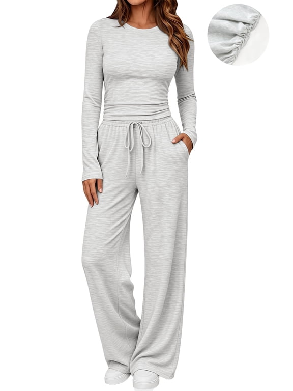 Winter Womens 2 Piece Outfit Sets Ruched Long Sleeve Top and Wide Leg Pants Casual Loungewear Ladies Workout Sets