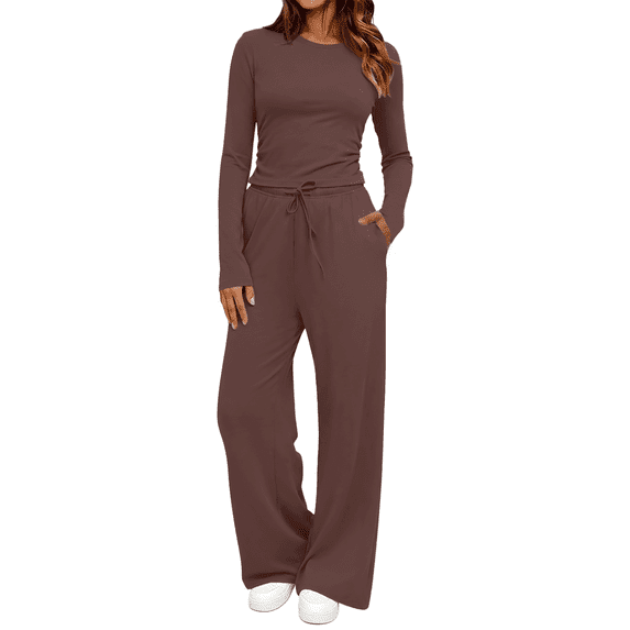 UVN Winter Womens 2 Piece Outfit Sets Ruched Long Sleeve Top and Wide Leg Pants with Pockets Casual Loungewear for Women Workout Sets