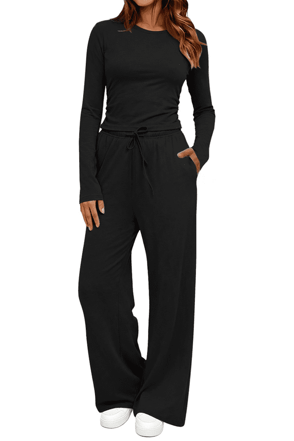 Winter Womens 2 Piece Outfit Sets Ruched Long Sleeve Top and Wide Leg Pants with Pockets Casual Loungewear for Women Workout Sets