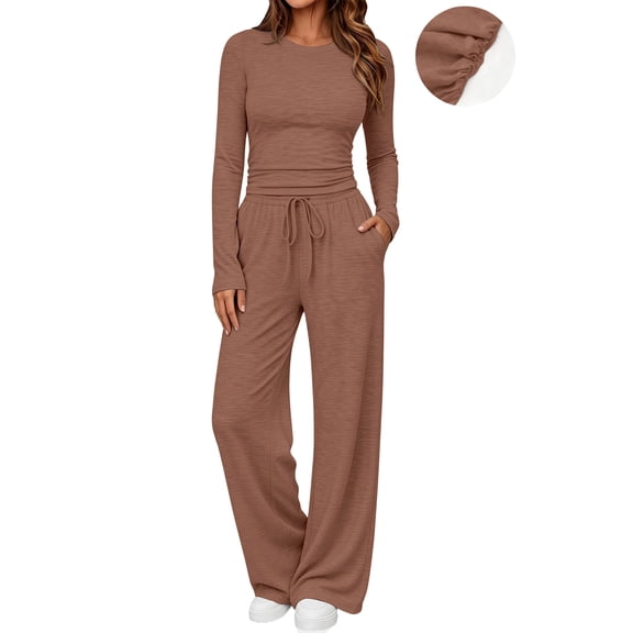 UVN Winter Women's 2 Piece Outfit Sets Ruched Long Sleeve Top and Wide Leg Pants Casual Loungewear Ladies Workout Sets
