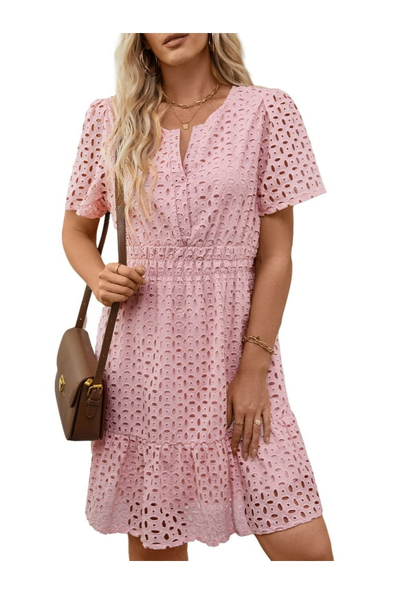 Women Dress Summer Short Sleeve V Neck Dress Ladies Caual A Line Hollow Out Lace Beach Dresses