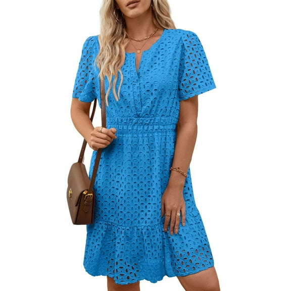 UVN Women Dress Summer Short Sleeve V Neck Dress Ladies Caual A Line Hollow Out Lace Beach Dresses