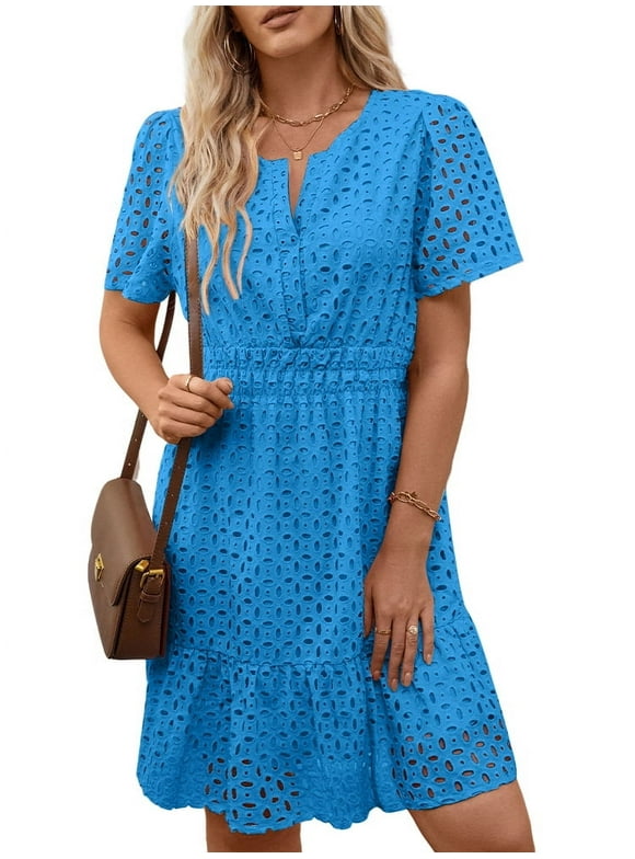 Women Dress Summer Short Sleeve V Neck Dress Ladies Caual A Line Hollow Out Lace Beach Dresses