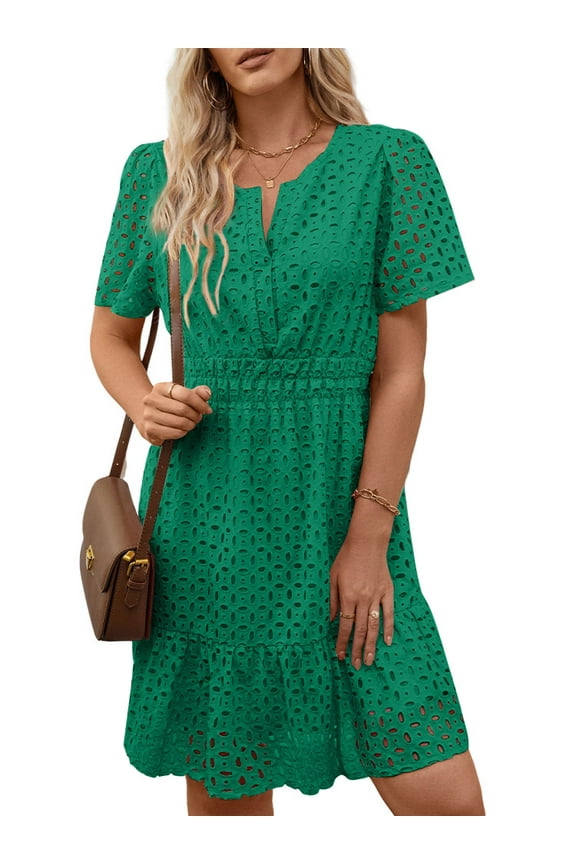 Women Dress Summer Short Sleeve V Neck Dress Ladies Caual A Line Hollow Out Lace Beach Dresses