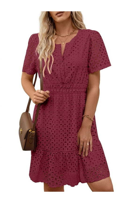 Women Dress Summer Short Sleeve V Neck Dress Ladies Caual A Line Hollow Out Lace Beach Dresses