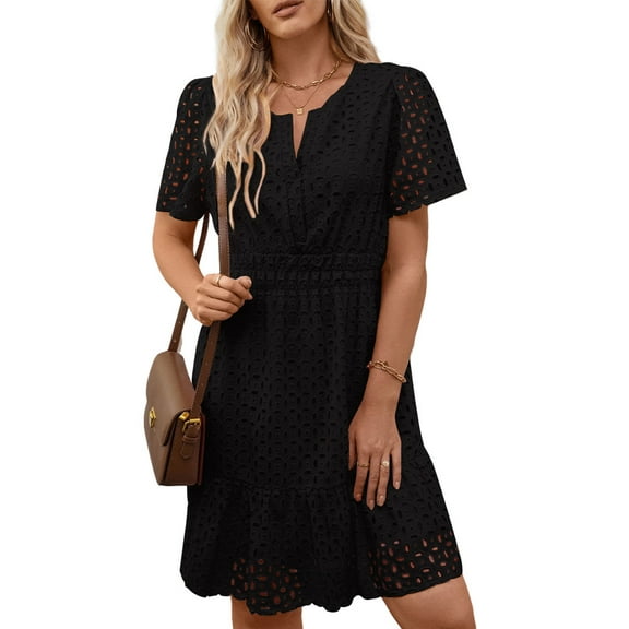 UVN Women Dress Summer Short Sleeve V Neck Dress Ladies Caual A Line Hollow Out Lace Beach Dresses