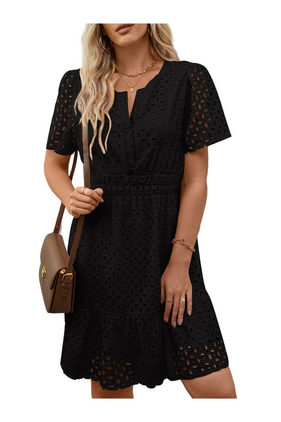Women Dress Summer Short Sleeve V Neck Dress Ladies Caual A Line Hollow Out Lace Beach Dresses