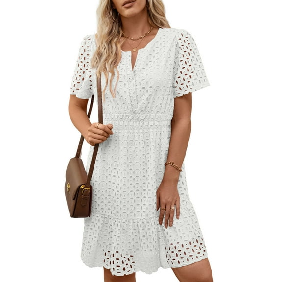 UVN Women Dress Summer Short Sleeve V Neck Dress Ladies Caual A Line Hollow Out Lace Beach Dresses