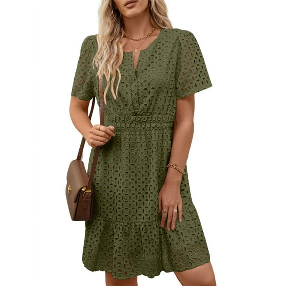 UVN Women Dress Summer Short Sleeve V Neck Dress Ladies Caual A Line Hollow Out Lace Beach Dresses