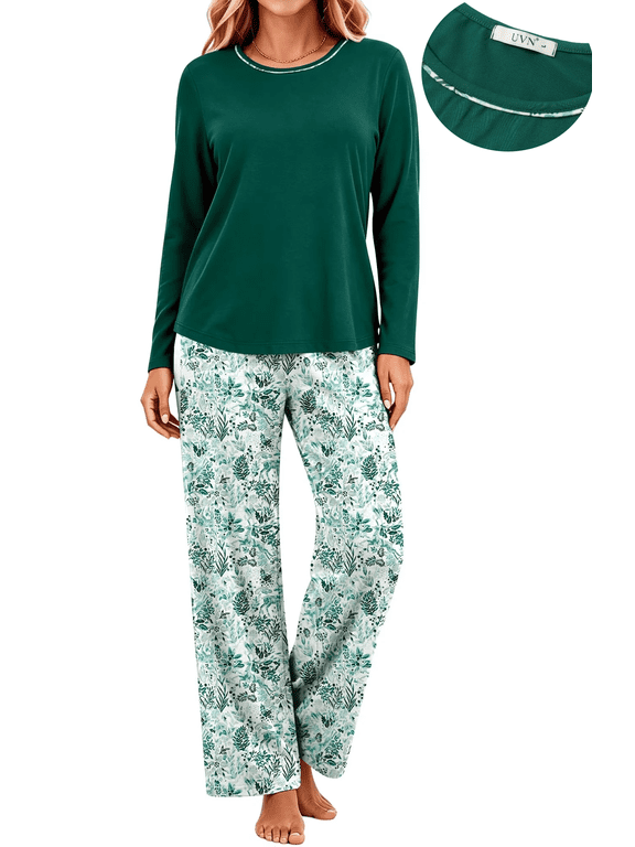 Women Pajamas Sets Long Sleeve 2 Piece Lounge Set Casual Crewneck Sleepwear Tops and Long Printed Pants Soft Pjs Outfits with Pockets