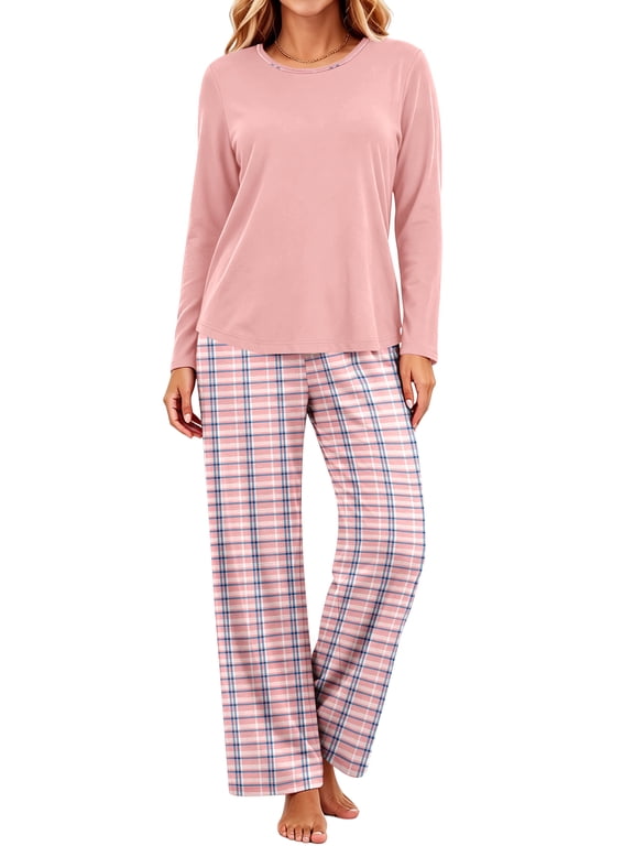 Women Pajamas Sets Long Sleeve 2 Piece Lounge Set Casual Crewneck Sleepwear Tops and Long Printed Pants Soft Pjs Outfits with Pockets