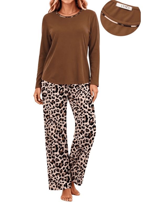 Women Pajamas Sets Long Sleeve 2 Piece Lounge Set Casual Crewneck Sleepwear Tops and Long Printed Pants Soft Pjs Outfits with Pockets