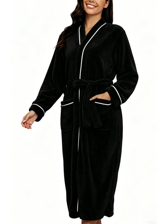 Women Robes Winter Long Sleeve Bathrobe Plush Warm Premium Robe Soft Fluffy Sleepwear Nightgown with Pockets
