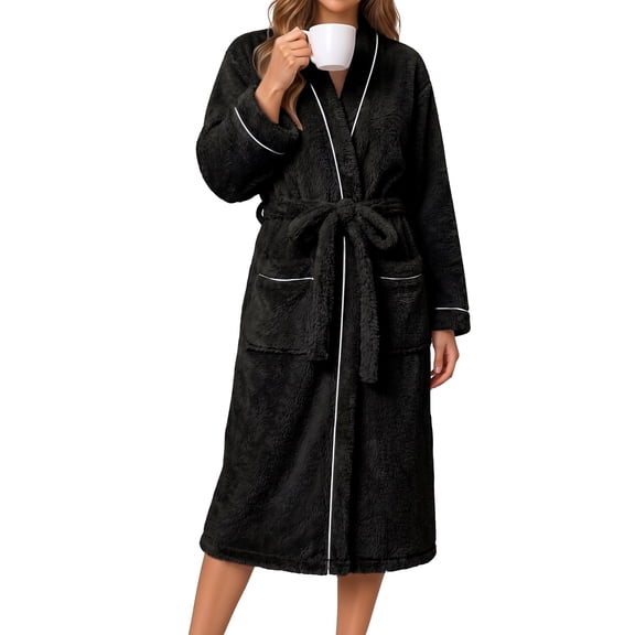 UVN Women Robes Winter Long Sleeve Bathrobe Plush Warm Premium Robe Soft Fluffy Sleepwear Nightgown with Pockets